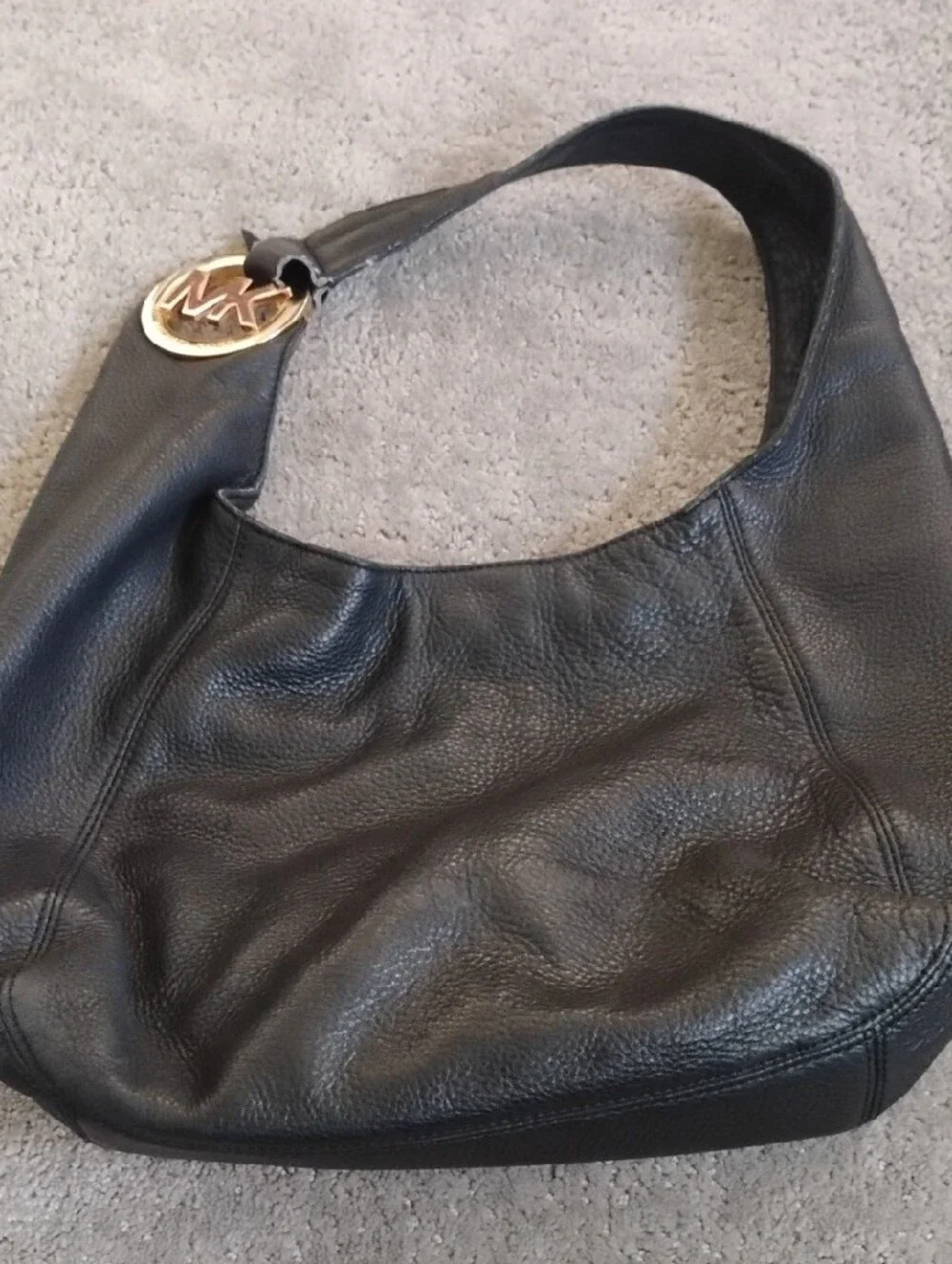Michael Kors Black Leather Shoulder Hobo with Gold MK Charm